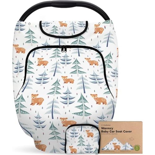 Baby Car Seat Cover for Boys, Girls - Breathable Infant Carseat Canopy for Winter, Rain, Universal Stretchy Fit Nursing Cover for Breastfeeding Newborns, Super Soft, Easy Access Zip Window (Wintry)
