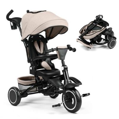 TODECARE Kids Tricycle, 7-in-1 Folding Trike with Adjustable Push Handle, Canopy & 1-Step Brake, Khaki