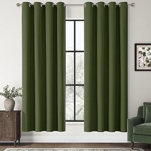 ChrisDowa 100% Blackout Olive Green Linen Curtains 72 Inches Long 2 Panels for Bedroom Living Room Farmhouse Room Darkening Thermal Insulated Soundproof Grommet Top Window Treatment Drapes,52x72