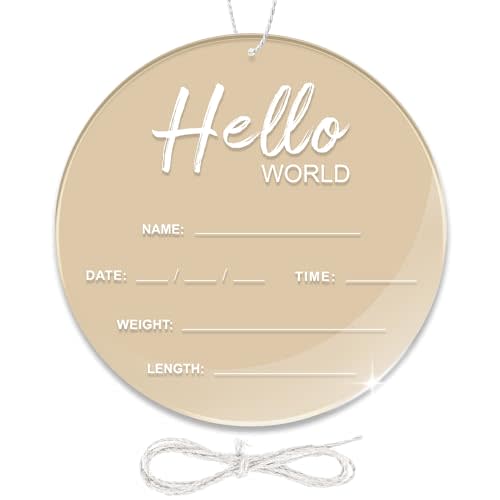 Baby Announcement Sign, 6.7 Inch Hello World Newborn Sign, Thickness Upgrade Birth Announcement Sign for Hospital, Nursery Baby Shower (Cream)