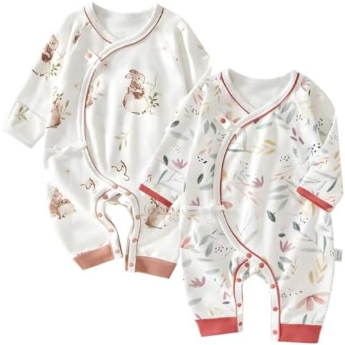 100% Organic Cotton Soft 0-6 Months 2-Piece Baby Romper Jumpsuits for Boys and Girls Unisex Long Sleeve