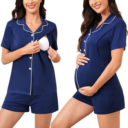 SWOMOG Womens Maternity Nursing Pajama Sets Breastfeeding Sleepwear Postpartum Lounge Sets Double Layer Short Sleeve Pjs