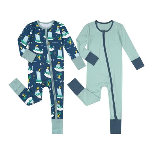 Teach Leanbh Unisex Baby 2 Pack Bamboo Viscose Pajamas with Mittens and Feet Cuffs 2 Way Zipper Long Sleeve Romper