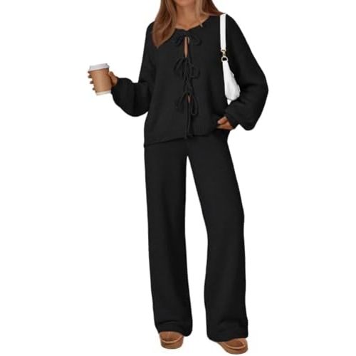 LILLUSORY Womens Lounge Sets 2 Piece Tie Front Oversized Sweater Airport Travel Winter Outfits 2025 Fall Matching Sweatsuit