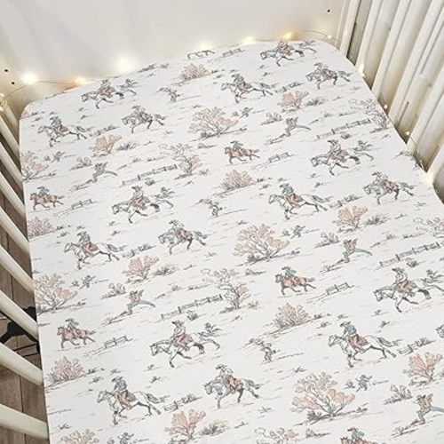 Vintage Cowboy Baby Crib Sheets for Boy Girl 52"x28" Retro Western Cowboy Horse Soft Stretchy Fitted Crib Mattress Cover Wild Desert Baby Sheet for Standard Crib & Toddler Mattress Pad
