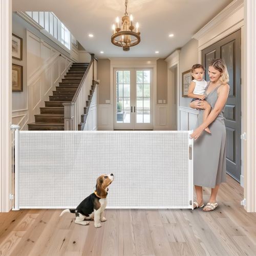 Retractable Baby Gate No Drill, 96" Extra Wide Retractable Baby Gates for Doorways No Drilling, 8ft No Drill Dog Gate Mesh Dog Gates for Doorways Extra Wide Pet Gate Indoor No Drilling, White