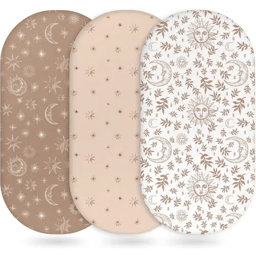 Baby Bassinet Sheets Girl Boy, Fitted Bassinet Sheet Set 3 Pack Bassinet Mattress Sheets Universal Fit for Rectangle, Round, Oval, Hourglass Mattress, Soft Breathable White Brown Sun God