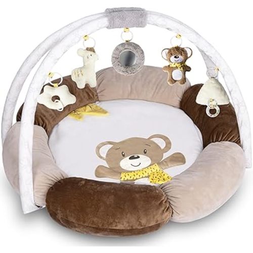 6-in-1 Baby Gym Play Mat Plush, Tummy Time Mat with Removable Toys, Baby Activity Gym for Infant to Toddler Motor Skills and Sensory Development, Baby Essential Gift(Bear)