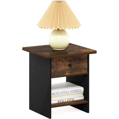 Furinno Dario End Table/ Night Stand Storage Shelf with Bin Drawer, Amber Pine/Black, 1-Pack, Upper Bin