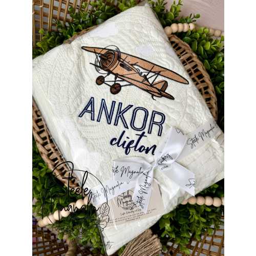 Vintage Airplane Biplane Nursery Decor Personalized Baby Quilt Custom Embroidered Name Blanket Boy Plane Baby Shower Gift Birth Announcement