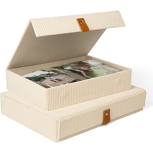 Cozy Corduroy Decorative Keepsake Storage Boxes with Lids - Set of 2 Giftable Haven Boxes For Photos, Memory Box, Bookshelf Decor, Photo Box, Keepsake Storage, Home Décor, Manage Clutter