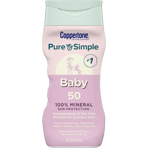 Coppertone Pure and Simple Baby Sunscreen Lotion SPF 50, Broad Spectrum Sunscreen for Baby, 6 Fl Oz Bottle