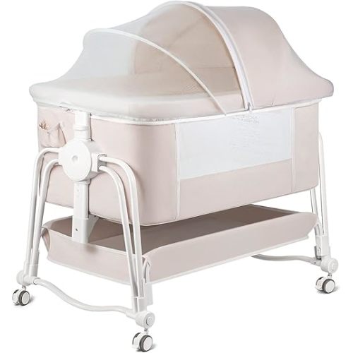 4 in 1 Bassinet Bedside Sleeper, Rocking Baby Crib with Lockable Wheels, Storage, Mosquito Net and Matress Included, 7 Level Adjustable Bedside Bassinet for Baby Newborn(Cream)