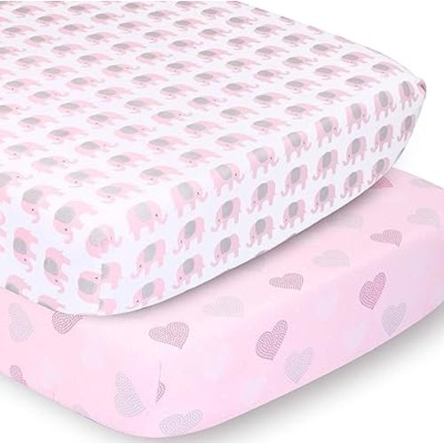 The Peanutshell 2-Pack Fitted Crib Sheet Set - Super Soft & Breathable Baby Girl Crib Sheets, Nursery Decor, Fit for Standard Mattress Cover- Pink Elephants