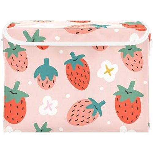 Kigai Storage Basket Cute Strawberry Storage Boxes with Lids and Handle, Large Storage Cube Bin Collapsible for Shelves Closet Bedroom Living Room, 16.5x12.6x11.8 In