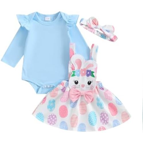 Gueuusu Baby Girl Easter Clothes Ruffle Long Sleeve Romper Bunny/Easter Eggs Print Overall Skirt Dress Cute Newborn Outfit