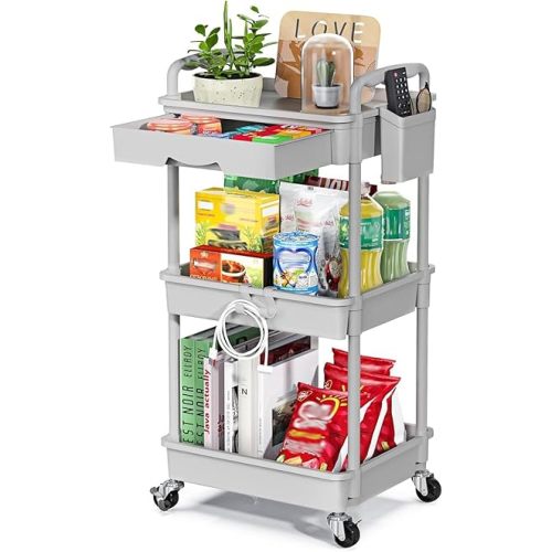 3-Tier Rolling Cart with Drawer & Lockable Wheels, Plastic Shelf Storage Organizer Cart – Easy Assembly, Waterproof Design for Kitchen, Bathroom, Office, Gray
