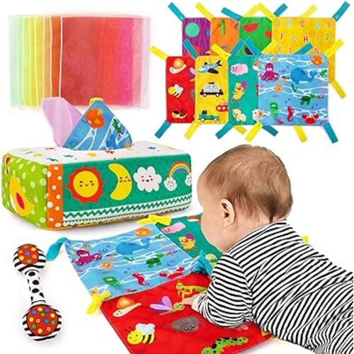 Inbeby Baby Tissue Box Toy,Montessori Toys for Babies 6-12 Months,Baby Sensory Toy Tissue Box with Tummy Time Sensory Mats,Educational Preschool Learning Toys for Toddlers Infant Newborns