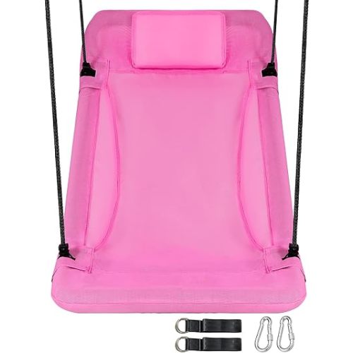 RedSwing 43" Tree Swing for Kids, Outdoor Swing Chair, Platform Swings with Pillow for Adults, Weather Resistant, Heavy Duty for Outside Playground, 4 Hanging Straps Set, Pink