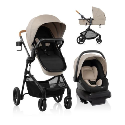 Evenflo Pivot Travel System with LiteMax NXT Infant Car Seat - Latte Tan: Bassinet Reclining Seat, Canopy, LATCH Compatible, EVA Tire Type