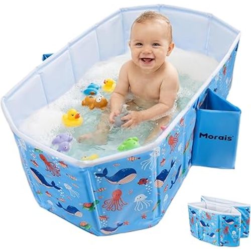 MORAIS Baby Bathtub Collapsible & Portable, Foldable Toddler Bath Tub with Dual Drain Plug and Padded Bottom, Travel & Shower Ready, Easy to Clean, Space-Saving Tub, 12 Months+