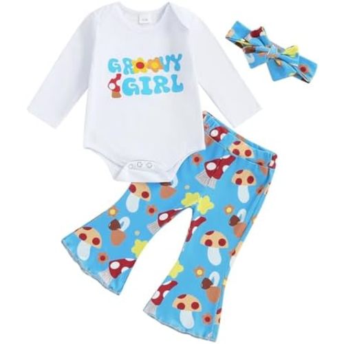 Newborn Baby Girl Outfit Groovy Girls Letter Print Romper Mushroom Bell Bottom Pants Fall Clothes with Headband