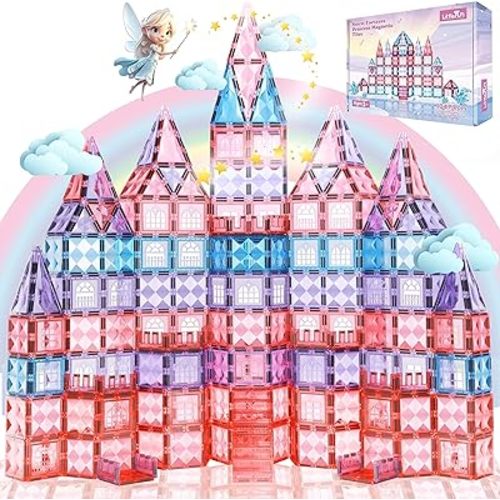Little Pi 102pcs Frozen Princess Castle Magnetic Tiles Building Blocks - 3D Diamond Blocks, STEM Educational Toddler Toys for Pretend Play, 4 Year Old Girl Birthday Gifts Kids Ages 3 5 6 7 8 - Pink