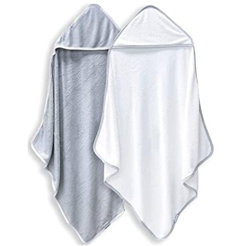 BAMBOO QUEEN 2 Pack Baby Bath Towel - Rayon Made from Bamboo, Ultra Soft Hooded Towels for Babies,Toddler,Infant - Newborn Essential -Perfect Baby Registry Gifts for Boy Girl - White and Grey - 30x30 Inch (Pack of 2)