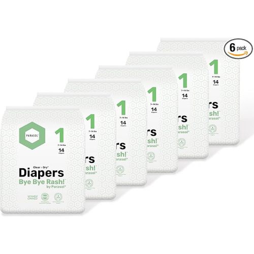 PARASOL Clear+Dry Disposable Diapers | RashShield Protection, Leakproof Design, Hypoallergenic | Size 1, (7-14 lbs) 84 Count