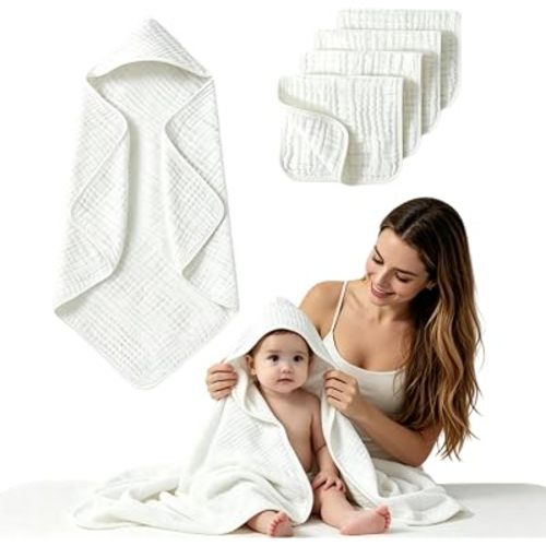 1Pack Baby Towels for Newborn,100% Muslin Organic Cotton Baby Bath Towel with Hood for Babie/ Infant, 32x32Inch, Soft and Absorbent Baby Essentials,4Pcs Muslin Burp Washcloths for Toddlers (White)