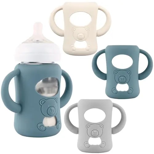 3 Pack Silicone Sleeves with Handles for Avent Natural Baby Bottles, Silicone Handles Compatible PP Material Philips Avent Natural Baby Bottle 9 oz (Grey+Dark Blue+Apricot)