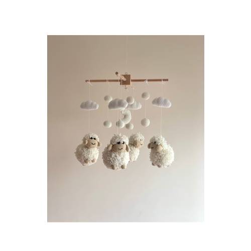 Fluffy sheep baby mobile, crochet lamp baby nursery, knit lamp baby crib, handmade sheep baby mobile, farm baby nursery, farm baby mobile