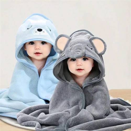 2pcs Baby Bath Towel Set, Unisex Animal Face Hooded Baby Cape, Soft Coral Fleece Cartoon Bathing Accessory For Infants, All Seasons Usage | SHEIN USA