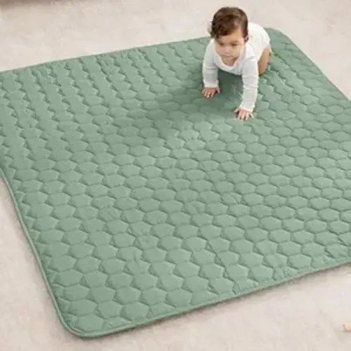 Comfy Cubs Square Kids Play Mat - 56 x 56 inches Soft Quilted Baby Floor Mat with Non-Slip Bottom - Plush Design for Toddlers' Playtime - Comfortable and Durable - Fern