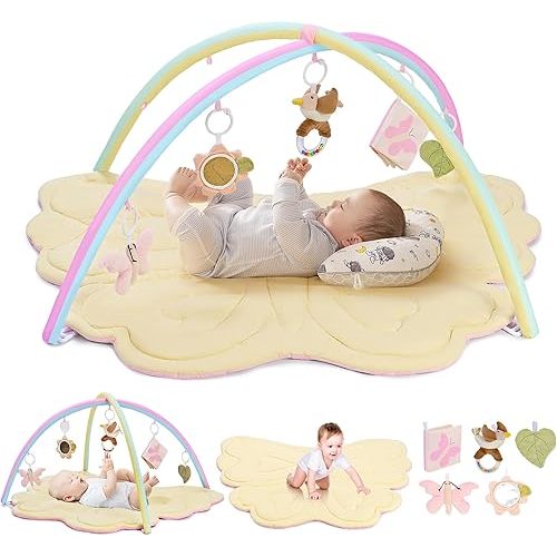 2PM SPORTS Pink Butterfly Theme Baby Play Mat, Tummy Time Play Mat for Infant Newborn, Baby Play Gyms & Playmats for Girl 0-6 6-12 Months, Activity Gym 5 Detachable Toys，Gimnasio para Bebes 0-12 Meses