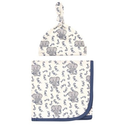 Touched by Nature Baby Boy Organic Cotton Swaddle Blanket and Headband or Cap, Blue Elephant, One Size
