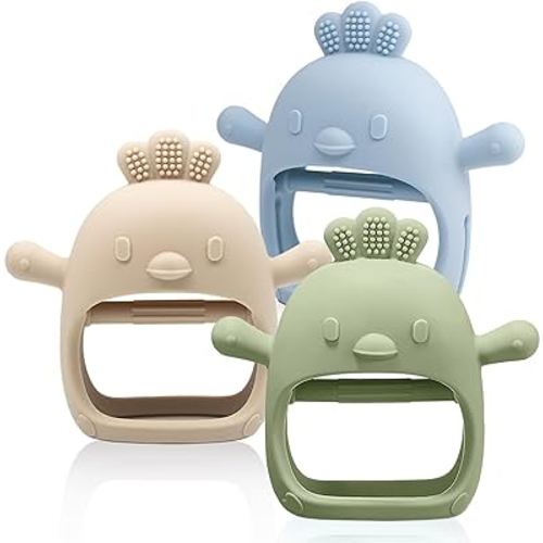 3 Packs Baby Teething Toy Silicone Teething Mitten for Babies Over 3 Months Anti Dropping Wrist Hand Teethers Baby Chew Toys for Sucking Needs, BPA Free (Olive, Caramel & Blue)