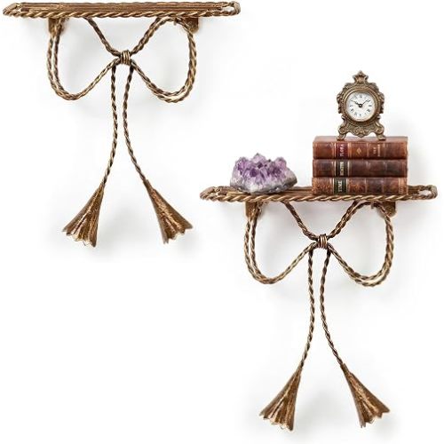 Yinkin 2 Pcs Bow Floating Shelf Vintage Floating Shelves Metal Wall Mounted Vintage Gold Mounted Rack for Home Bedroom Office Living Room Farmhouse Rustic Decor