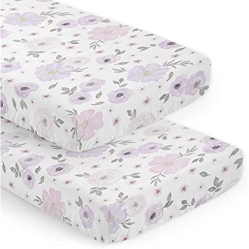 Sweet Jojo Designs Lavender Purple Boho Floral Girl Baby Fitted Crib Sheet Set Watercolor Flower