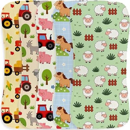 5 Pack Baby Burp Cloths for Boys, Farm Animal Theme Large Absorbent Burping Rags, Soft Cotton Contoured Spit Up Cloths with Red Tractor Pig Sheep Print, Unisex Newborn