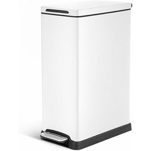 Home Zone Living 12 Gallon Slim Kitchen Trash Can with Soft Close Lid, Step Pedal, Bag Tuck Band, and Removable Liner, Stainless Steel, Matte White
