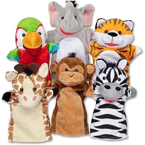 Melissa & Doug Safari Buddies Hand Puppets, Set of 6 (Elephant, Tiger, Parrot, Giraffe, Monkey, Zebra) Soft, Plush Puppet, Stuffed Animals, Pretend Play Toddler Toys for Girls & Boys 2+