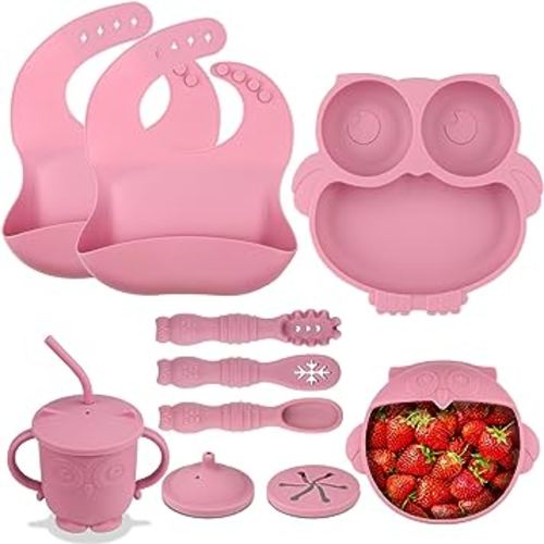 Silicone Baby Feeding Set, 13 PCS Baby Led Weaning Supplies with Suction Baby Plate and Bowl Set, Baby Spoon and Fork, Adjustable Bib, Sippy Cup with Straw and Lid, Baby Utensils for 6+Months(Pink)