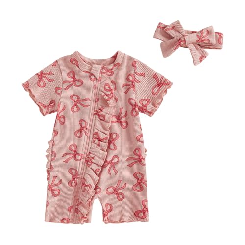 GINEVSAL Summer Baby Girl Clothes Newborn Waffle Outfits Bow/Strawberry Ruffle Short Sleeve One Piece Jumpsuit Headband Set