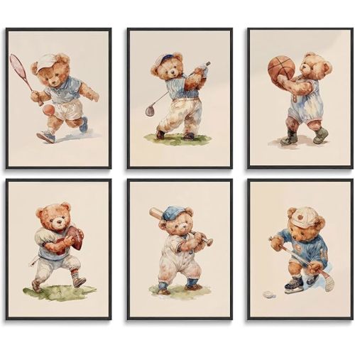 6Pcs Teddy Bear Sports Wall Art Vintage Cute Animal Wall Decor Pictures Basketball Rugby Baseball Kids Room Posters Prints for Children Bedroom Nursery Boy-Room Decoration Unframed