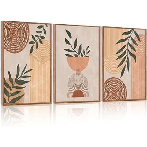 CHDITB Boho Geometric Framed Canvas Wall Art Set Of 3, Modern Minimalist Wall Decor, Bohemia Sage Leaves Painting, Mid Century Office Art Prints For Living Room, Bedroom Decor(12X16 Inch)