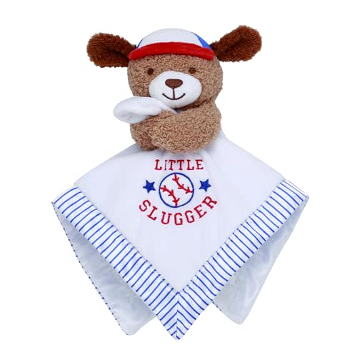 Plush 13 inch Puppy Snuggle Buddy with Toy Rattle, Little Slugger Baseball Embroidery and Satin, White with Stripe Trim