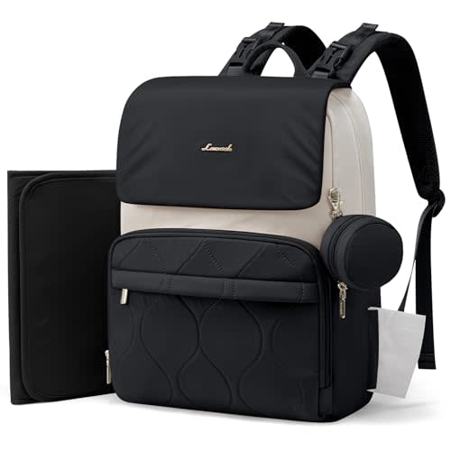 LOVEVOOK Diaper Bag Backpack, Baby Travel Bags for Boys & Girl, Toddler Diaper Bag with Changing Station & Pacifier Case (Black- Beige, 15.6 inch)