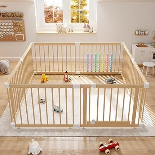 Large Wooden Baby Playpen - Size Adjustable Fence for Babies and Toddlers, Baby Play Yard with Locking Gate, Indoor Play Pen for Kids Activity Center 63.5”×63.5”