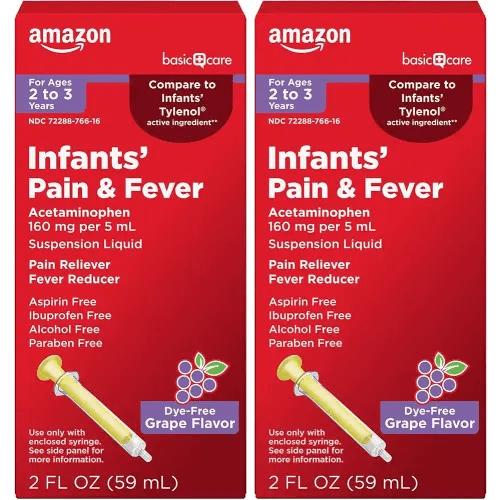Amazon Basic Care Infants' Pain & Fever, Acetaminophen 160 mg per 5 mL, Suspension Liquid, Dye-Free Grape Flavor, 2 fl oz (Pack of 2)